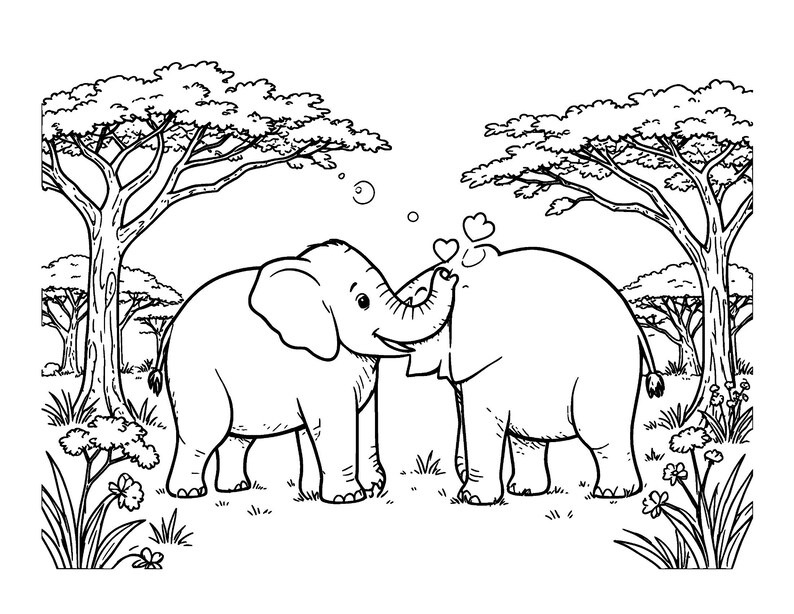 Puede incluir: Una ilustraci&oacute;n de arte lineal en blanco y negro que muestra a dos elefantes frente a frente en un paisaje de sabana con acacias, hierba y flores. Los elefantes se tocan las trompas con peque&ntilde;os corazones flotando arriba.