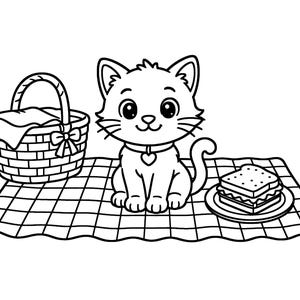 May include: A black and white line art illustration of a kitten sitting on a checkered picnic blanket. To the left is a picnic basket with a cloth inside, and to the right is a plate with a sandwich. The kitten wears a collar with a heart tag.