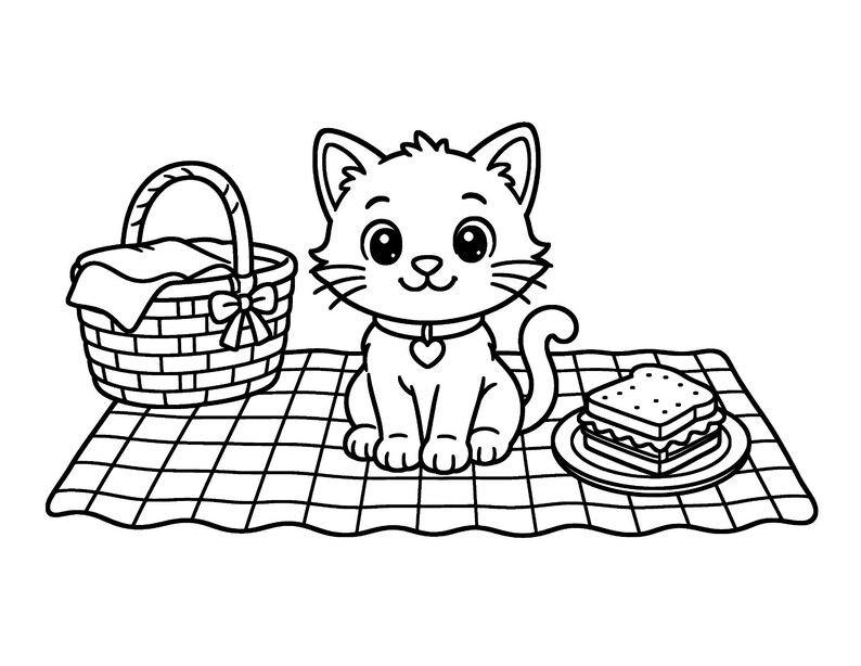 May include: A black and white line art illustration of a kitten sitting on a checkered picnic blanket. To the left is a picnic basket with a cloth inside, and to the right is a plate with a sandwich. The kitten wears a collar with a heart tag.