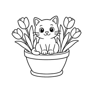 May include: A black and white line art illustration featuring a small kitten sitting inside a round flower pot. The kitten is surrounded by four tulip flowers with long leaves. The design is clean with bold outlines on a plain white background.