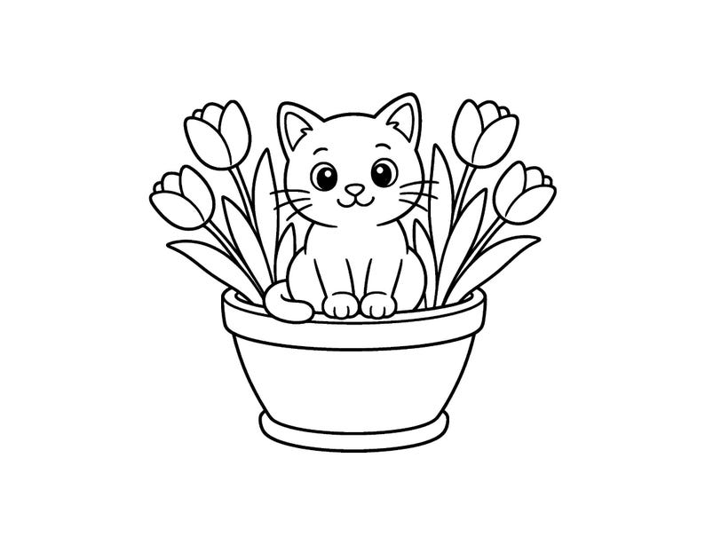 May include: A black and white line art illustration featuring a small kitten sitting inside a round flower pot. The kitten is surrounded by four tulip flowers with long leaves. The design is clean with bold outlines on a plain white background.