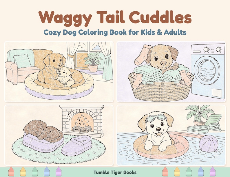 Waggy Tail Cuddles / Libro para colorear de perros y cachorros para niños y adultos, llamativo y fácil, PDF imprimible, descarga instantánea imagen 2