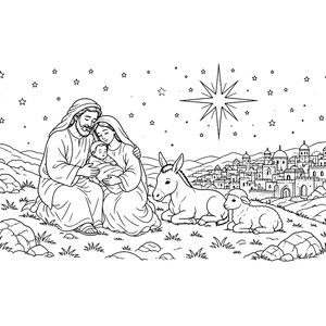 May include: A black and white line art illustration of a nativity scene featuring a man, a woman, and a baby in a swaddled blanket. A donkey and a lamb sit nearby. In the background, a large star shines over a distant city landscape.