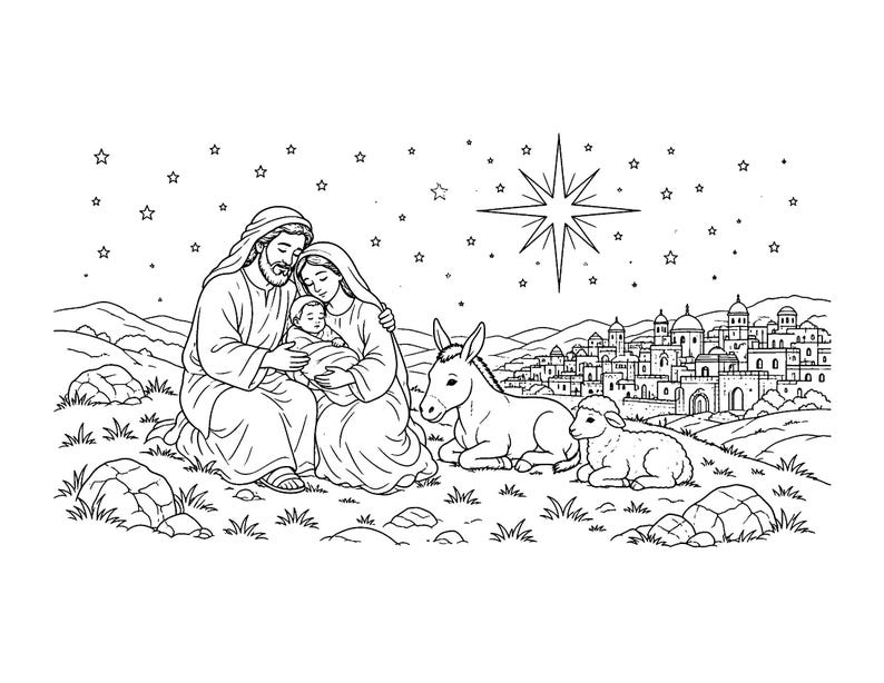 May include: A black and white line art illustration of a nativity scene featuring a man, a woman, and a baby in a swaddled blanket. A donkey and a lamb sit nearby. In the background, a large star shines over a distant city landscape.