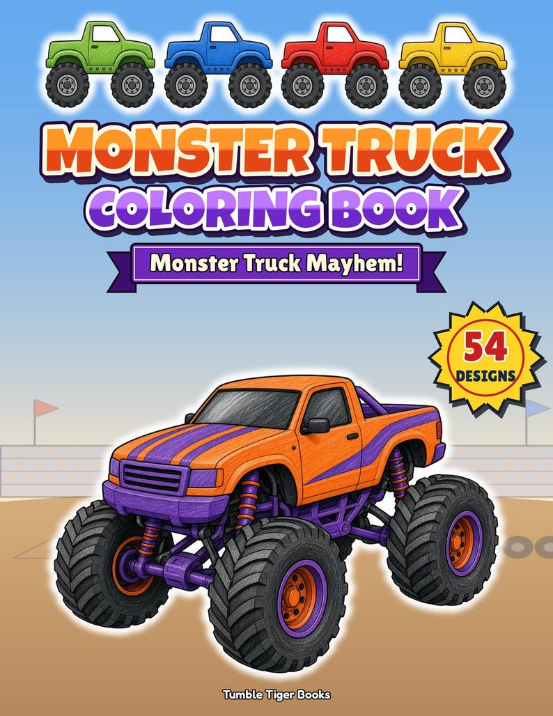 Monster Truck Mayhem! Monster Truck Coloring Pages, 54 Bold Designs for Kids 6+ & Adults, Party Pack, Printable PDF, Instant Download imagen 1