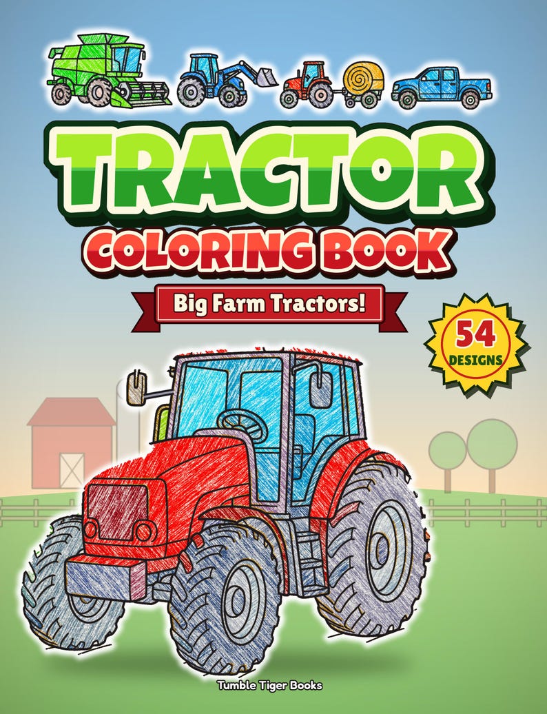 Desenhos de tratores para colorir para crianças de 4 a 8 anos, livro de colorir de tratores agrícolas, 54 folhas para colorir imprimíveis com animais da fazenda, PDF para download instantâneo imagem 1