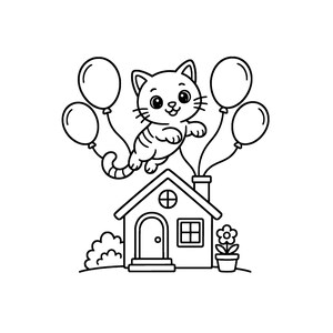 May include: A black and white line art illustration of a small cat floating above a house. The cat is held up by four balloons attached to its body and the chimney. A small potted flower and a bush sit beside the house.