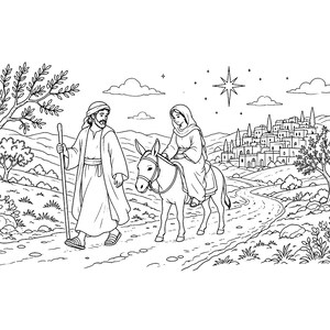 May include: A black and white line art illustration depicting a person walking with a staff beside another person riding a donkey on a dirt path. In the background, there is a small village, trees, rolling hills, and a bright star in the sky.