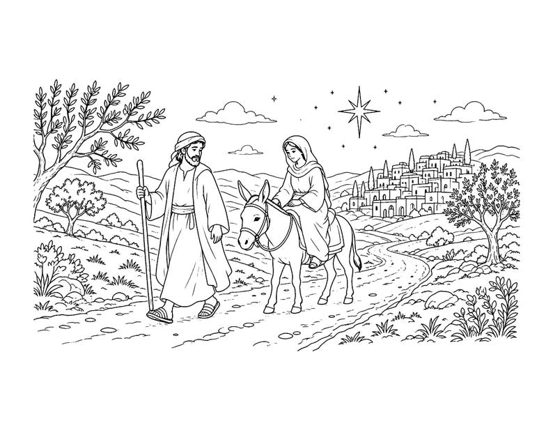 May include: A black and white line art illustration depicting a person walking with a staff beside another person riding a donkey on a dirt path. In the background, there is a small village, trees, rolling hills, and a bright star in the sky.