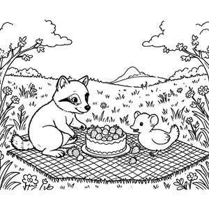 Puede incluir: Una ilustraci&oacute;n de arte lineal en blanco y negro de un mapache y un patito sentados sobre un mantel de picnic a cuadros en un campo. El mapache extiende la mano hacia un pastel redondo cubierto de fresas, mientras el patito observa.