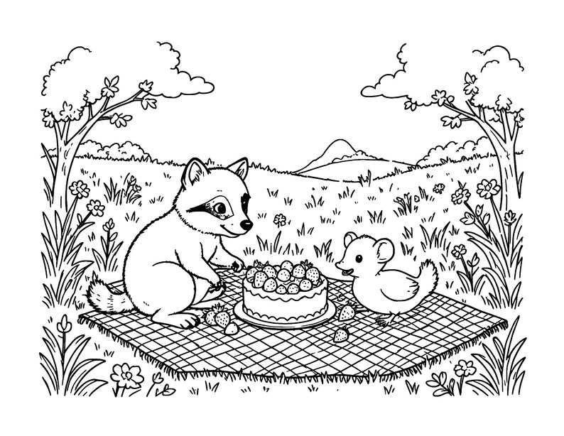 Puede incluir: Una ilustraci&oacute;n de arte lineal en blanco y negro de un mapache y un patito sentados sobre un mantel de picnic a cuadros en un campo. El mapache extiende la mano hacia un pastel redondo cubierto de fresas, mientras el patito observa.