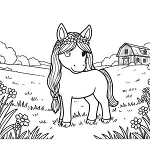 Puede incluir: Una p&aacute;gina para colorear en blanco y negro que muestra un poni con una corona de flores y una melena trenzada de pie en un prado. Al fondo, hay colinas, varias flores y una estructura de granero bajo un cielo despejado.