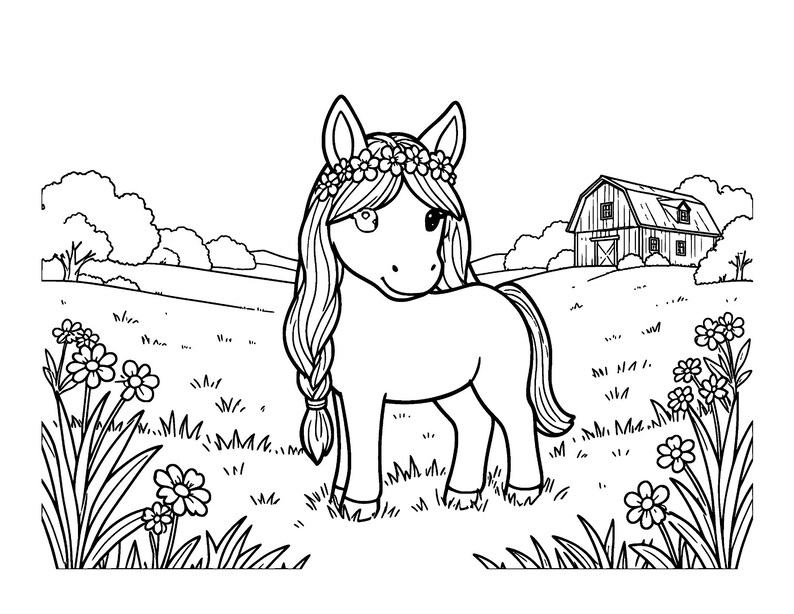 Puede incluir: Una p&aacute;gina para colorear en blanco y negro que muestra un poni con una corona de flores y una melena trenzada de pie en un prado. Al fondo, hay colinas, varias flores y una estructura de granero bajo un cielo despejado.