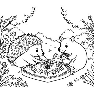 Puede incluir: Una p&aacute;gina para colorear en blanco y negro con un erizo y un oso de dibujos animados cuidando un parterre de flores en forma de coraz&oacute;n. El oso sostiene una peque&ntilde;a regadera, mientras el erizo toca las flores. La escena incluye arbustos y plantas.