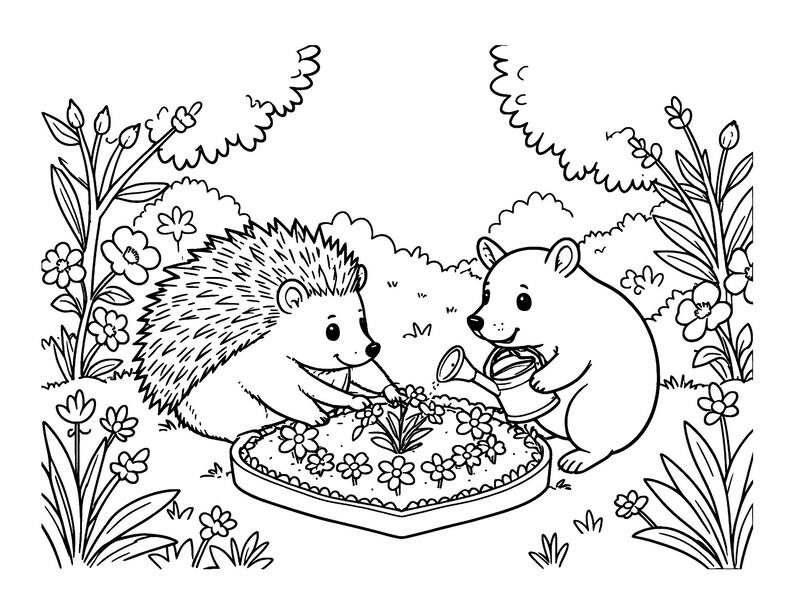 Puede incluir: Una p&aacute;gina para colorear en blanco y negro con un erizo y un oso de dibujos animados cuidando un parterre de flores en forma de coraz&oacute;n. El oso sostiene una peque&ntilde;a regadera, mientras el erizo toca las flores. La escena incluye arbustos y plantas.