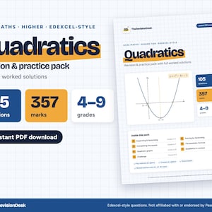 Pacchetto di ripasso di matematica avanzata (GCSE) sulle equazioni quadratiche / 105 domande in stile Edexcel con soluzioni dettagliate in formato PDF