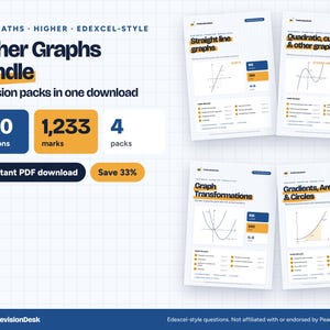 Könnte beinhalten: Ein digitales Paket mit vier GCSE-Mathe-Lernpaketen mit 420 Fragen und 1.233 Punkten. Die Dokumente enthalten lineare, quadratische und kubische Graphen, Graphentransformationen sowie Gradienten, Flächen und Kreise auf kariertem Papier.