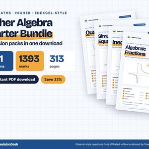 Pack de démarrage en algèbre supérieure pour le GCSE Maths | 4 packs de révision de type Edexcel, 421 questions et corrigés détaillés (PDF)