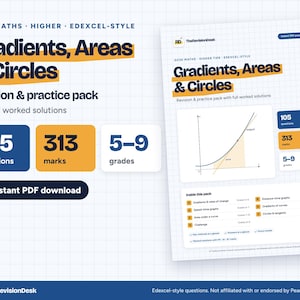 May include: A GCSE Maths revision and practice pack titled Gradients, Areas & Circles, featuring 105 questions, 313 marks, and 5-9 grades. The document includes a graph, a list of topics like speed-time graphs and circles, and an instant PDF download button.