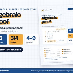 May include: A digital GCSE Maths revision and practice pack titled Algebraic Proof, featuring 105 questions, 314 marks, and a 4-9 grade range. The document includes worked solutions, an instant PDF download button, and a list of topics like brackets.