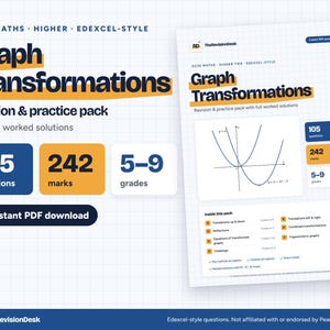 Könnte beinhalten: Ein digitales Lern- und Übungspaket mit dem Titel Graph Transformations für GCSE Maths Higher Edexcel-style. Es enthält 105 Fragen, 242 Punkte und deckt die Noten 5-9 ab. Das Dokument zeigt eine Grafik, eine Themenliste und einen Button für den PDF-Download.