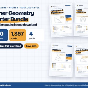 May include: A digital GCSE Maths Higher Geometry Starter Bundle featuring four revision packs. The text includes Higher Geometry Starter Bundle, 420 questions, 1,357 marks, and 4 packs. The four document covers are titled Pythagoras & Trigonometry, Circle Theorems, Vectors, and Sine & Cosine Rules.