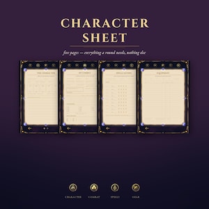 Pode incluir: Um conjunto de fichas de personagem digitais com quatro páginas visíveis com fundos creme e bordas roxo-escuras decoradas com gemas azuis. O texto diz CHARACTER SHEET, five pages—everything a round needs, nothing else.