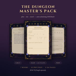 Op de afbeelding: Het Dungeon Master's Pack bevat een digitale map met drie zichtbare pagina's met gouden sierlijke randen, blauwe edelsteenaccenten en tekstvelden voor sessienotities en het plannen van ontmoetingen in een rollenspel.