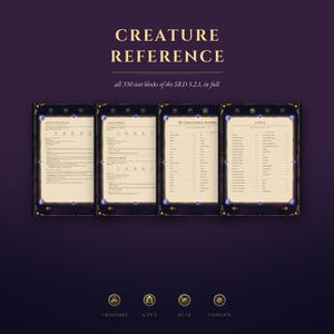 Pode incluir: Um guia de referência digital de criaturas com o texto CREATURE REFERENCE e todos os 330 blocos de estatísticas do SRD 5.2.1 na íntegra. Quatro páginas são exibidas com bordas escuras ornamentadas, detalhes dourados e gemas azuis.