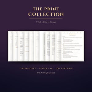 May include: A digital collection titled THE PRINT COLLECTION featuring 11 books, 22 files, and 1,866 pages. The image displays multiple white document pages with black text, grid lines, and gold accents, presented against a dark purple background.