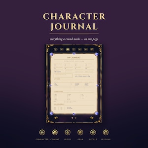 May include: A character journal page featuring a cream-colored combat tracking sheet with gold ornate borders and blue gem accents. The text includes "CHARACTER JOURNAL", "everything a round needs - on one page", "IN COMBAT", and various game stats.