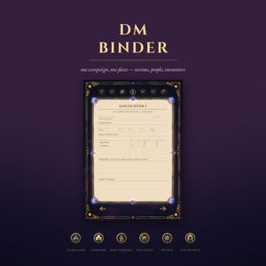 May include: A DM Binder featuring a dark purple cover with gold text reading DM BINDER and one campaign, one place — sessions, people, encounters. The center displays an encounter tracking page with blue gem accents and gold filigree borders.