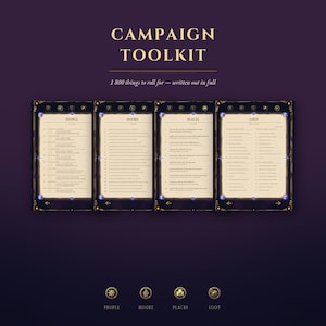 Könnte beinhalten: Ein Campaign Toolkit Dokument mit vier Seiten, betitelt als People, Hooks, Places und Loot. Der Text lautet 1 800 things to roll for — written out in full. Jede Seite hat einen dunklen Rand mit blauen Edelsteinakzenten und goldenen Symbolen.