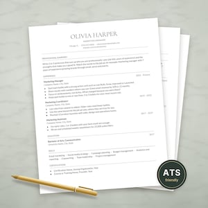 May include: A white resume template featuring the name Olivia Harper at the top, followed by sections for professional summary, experience, education, skills, and certifications. A gold pen lies across the bottom, and a black ATS friendly badge.