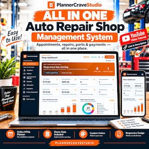 May include: A laptop and smartphone displaying the PlannerCraveStudio All In One Auto Repair Shop Management System dashboard. The screen shows shop operations, financial data, and work order status with orange and white interface elements.