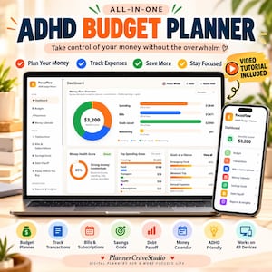 May include: A digital ADHD budget planner displayed on a laptop and smartphone screen. The interface features a dashboard with a money flow overview, spending charts, and financial goals. Text includes All-In-One ADHD Budget Planner and FocusFlow.