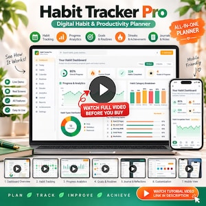 Pode incluir: Habit Tracker Pro, planejador digital de hábitos e produtividade exibido em uma tela de laptop e smartphone. A interface apresenta um painel com análises de progresso, detalhamento de categorias e gráficos de metas.