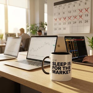 Könnte beinhalten: Ein weißer Keramikbecher mit schwarzem Innenraum und Henkel, der auf der Vorderseite den schwarzen Aufdruck "LO / 07 SLEEP IS FOR THE MARKET" trägt. Der Becher steht auf einem Schreibtisch aus Holz in einem Büro mit Laptops und Kalender.