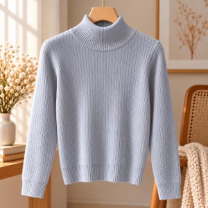 Puede incluir: Un suéter de manga larga en color azul claro con una textura de punto acanalado en todo el cuerpo y las mangas. La prenda incluye un cuello alto tipo cisne y un dobladillo ajustado en la cintura y los puños, con un patrón de canalé vertical.
