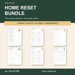 Op de afbeelding: Een digitale Home Reset Bundle met 12 reset-lay-outs, 32 kaarten en 8 werkbladen. Het document bevat tekst zoals Room For Ease, Home Reset Bundle, Three useful collections. One calmer routine, en A4 + US Letter.