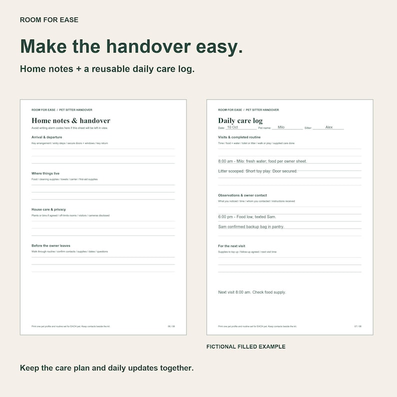 Pet Sitter Handover Kit, Printable Care Instructions, Daily Log, A4 and ...
