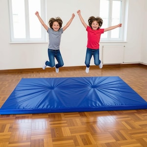 May include: A large, rectangular blue exercise mat with a smooth, vinyl-like surface and two circular tufted indentations. The mat is positioned flat on a wooden floor, providing a cushioned surface for physical activity and movement.