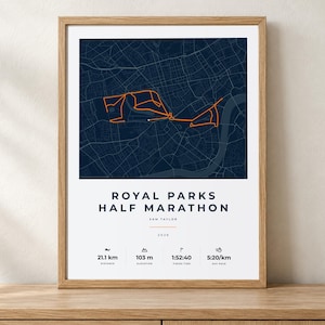 Personalised Royal Parks Half Marathon 2026 Route Map Print with Finish Time, Custom Runner Gift