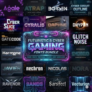 Può includere: Una collezione digitale di oltre 20 font futuristici e cyber gaming disposti in una griglia. La grafica centrale presenta il testo "20+ AMAZING FONTS FUTURISTIC & CYBER GAMING FONTS BUNDLE" incorniciato da un bordo luminoso viola e blu.