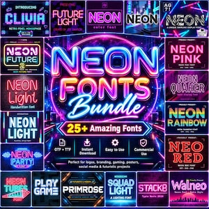 Pode incluir: Uma exibição gráfica digital apresentando uma coleção de 25 fontes em estilo neon. O texto central diz NEON FONTS Bundle com 25+ Amazing Fonts. Ao redor do centro estão várias amostras de fontes, incluindo Clivia, Future Light, Neon Quaker e Neon Rainbow, todas com efeitos de luz brilhante em azul, rosa e roxo contra um fundo escuro e futurista.