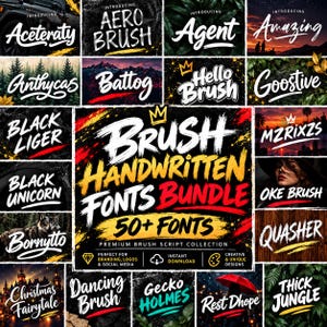 May include: A digital collection of over 50 handwritten brush fonts titled Brush Handwritten Fonts Bundle. The central graphic features bold white and yellow text on a black background, surrounded by various font samples over diverse imagery.