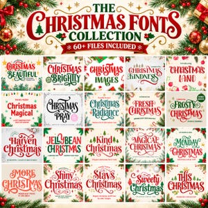 May include: A digital collection of 60+ Christmas-themed fonts displayed in a grid. Each square features unique typography in red and green, with festive decorative elements like pine branches, holly, and ornaments surrounding the text.