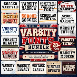 May include: A digital font bundle display featuring the text Varsity Fonts Bundle 20+ Files, surrounded by twenty individual rectangular samples showcasing various varsity-style typography designs with athletic, college, and retro lettering.