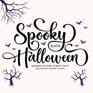 May include: A digital graphic featuring the black script text Spooky Halloween with a small banner reading NEW. The design includes dark purple silhouettes of bare trees, several flying bats, and a pale moon on a light background.