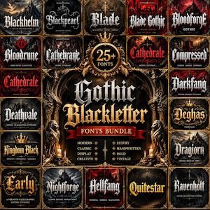 以下が含まれることがあります： 25種類以上のフォントを含むGothic Blackletterフォントのデジタルコレクション。中央にはGothic Blackletter Fonts Bundleというタイトルが表示され、金色の王冠、ライオンの像、キャンドルが装飾的なフレームの中に配置されています。
